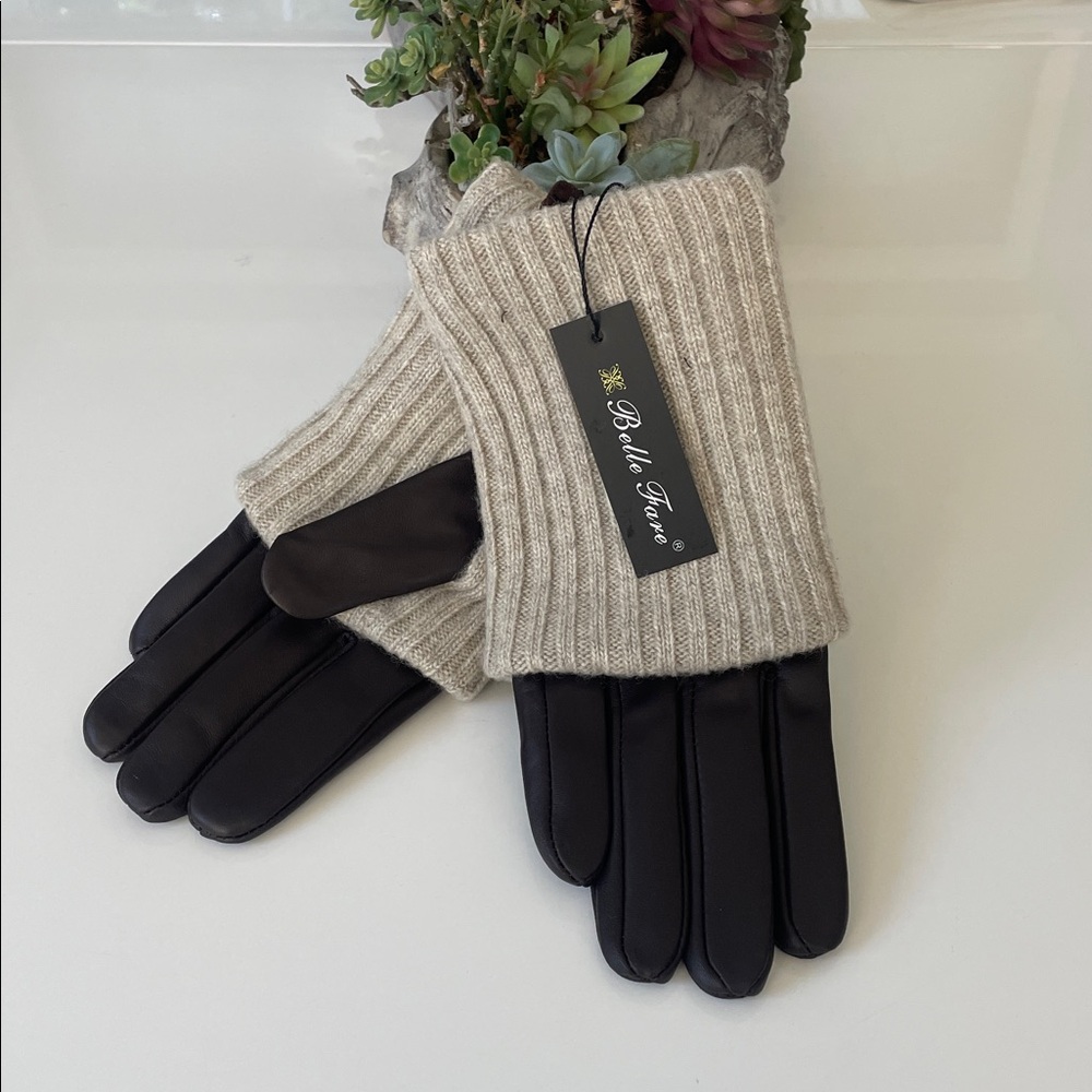 Belle Fare Lamb Skin Leather Gloves~Lined & Sleeved in Cashmere & Wool~Med~NWT